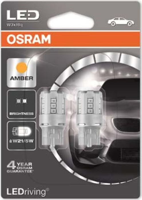 фото Лампа автомобильная Osram W21/5W (W3*16q) LED Standart Amber 12V, 7715YE02B, 2 шт