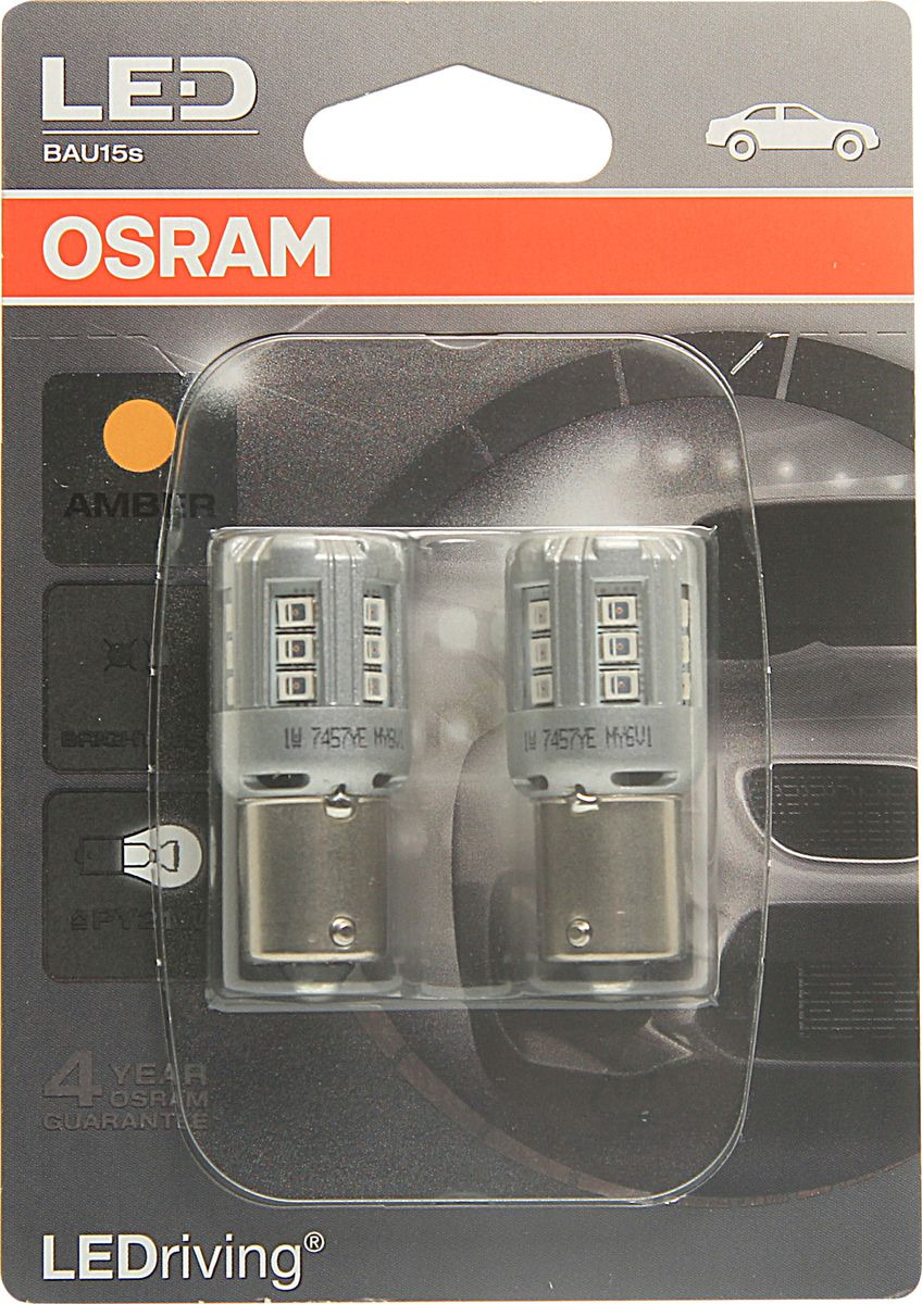 Лампа автомобильная Osram P21W (BAU15s) LED Standart Amber 12V, 7457YE02B, 2 шт