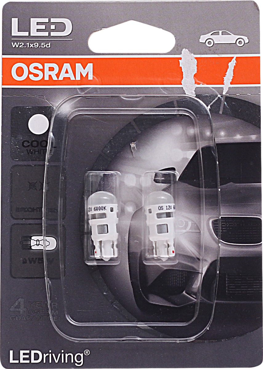 фото Лампа автомобильная Osram W5W (W2.1*9.5d) LED Standart Cool White 6000K 12V, 2880CW02B, 2 шт