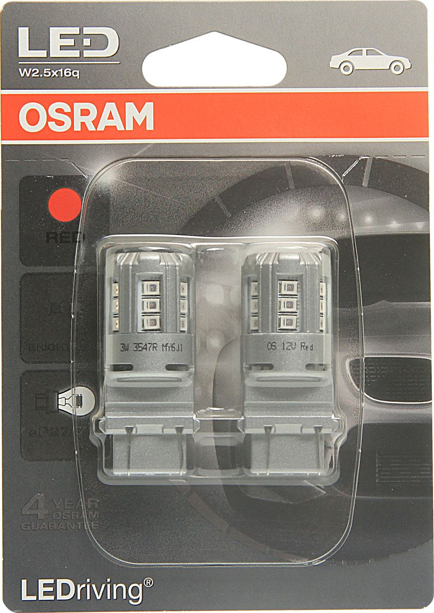 фото Лампа автомобильная Osram P27/7W (W2.5*16q) LED Standart Red 12V, 3547R02B, 2 шт