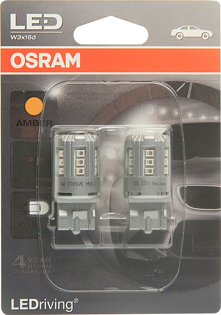 фото Лампа автомобильная Osram W21W (W3*16d) LED Standart Amber 12V, 7705YE02B, 2 шт