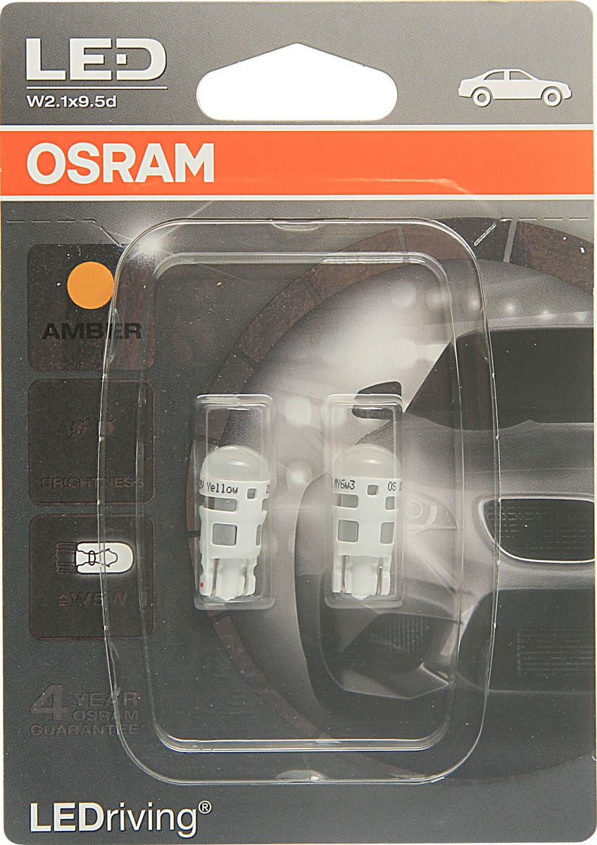 фото Лампа автомобильная Osram W5W (W2.1*9.5d) LED Standart Amber 12V, 2880YE02B, 2 шт