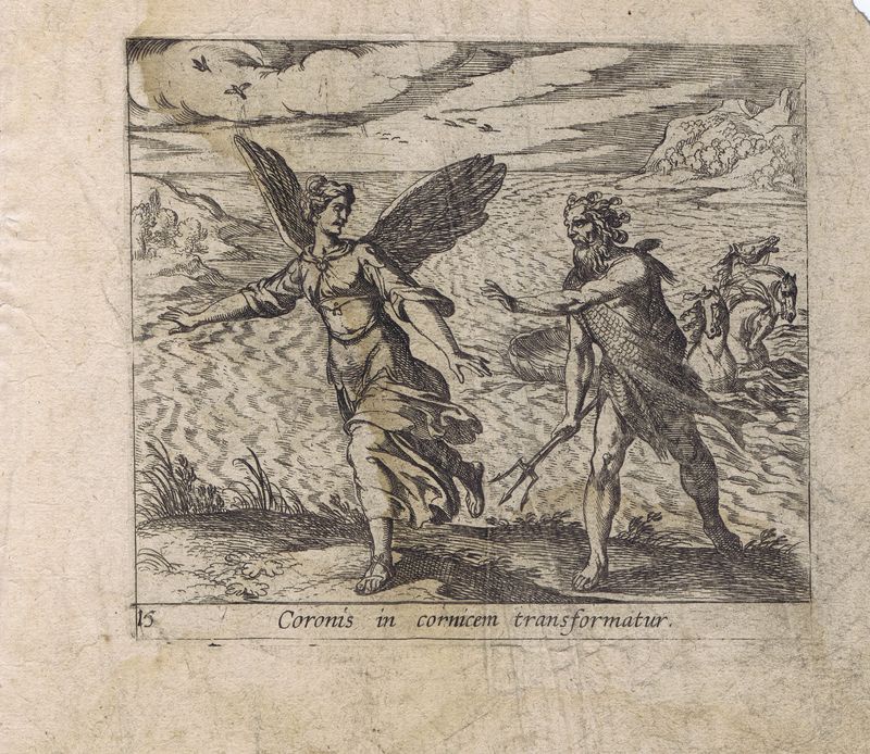 фото Гравюра Антонио Темпеста Метаморфозы. Коронида превращается в ворона. Офорт. Нидерланды, Амстердам, 1606 год