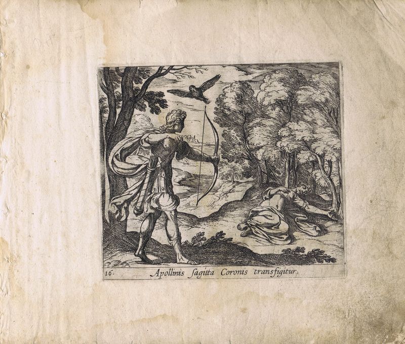 фото Гравюра Антонио Темпеста Метаморфозы. Аполлон пронзает стрелой Корониду. Офорт. Нидерланды, Амстердам, 1606 год