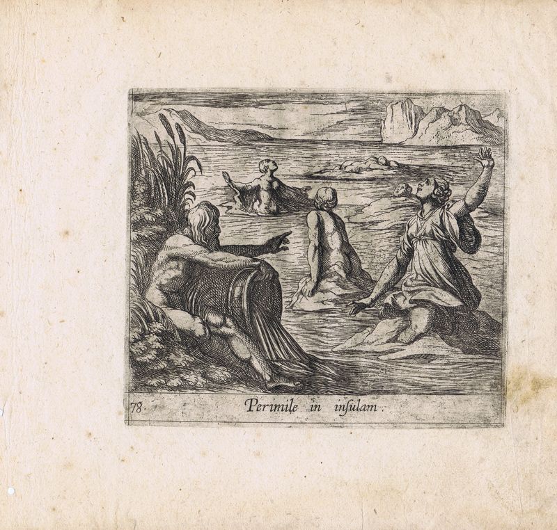 Гравюра Антонио Темпеста Метаморфозы. Ахелой превращает Перимелу в остров. Офорт. Нидерланды, Амстердам, 1606 год