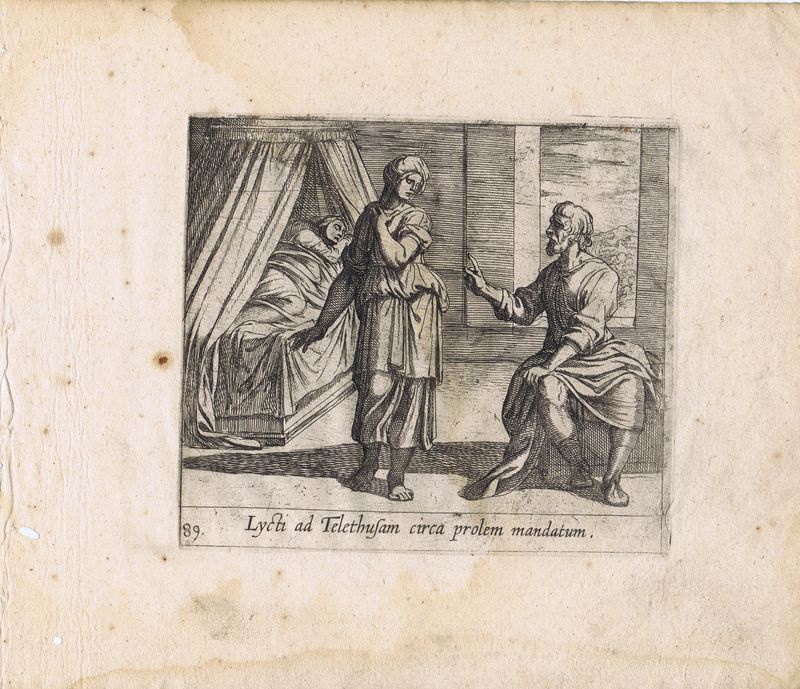 Гравюра Антонио Темпеста Метаморфозы. Лигд говорит Телетузе о потомстве. Офорт. Нидерланды, Амстердам, 1606 год