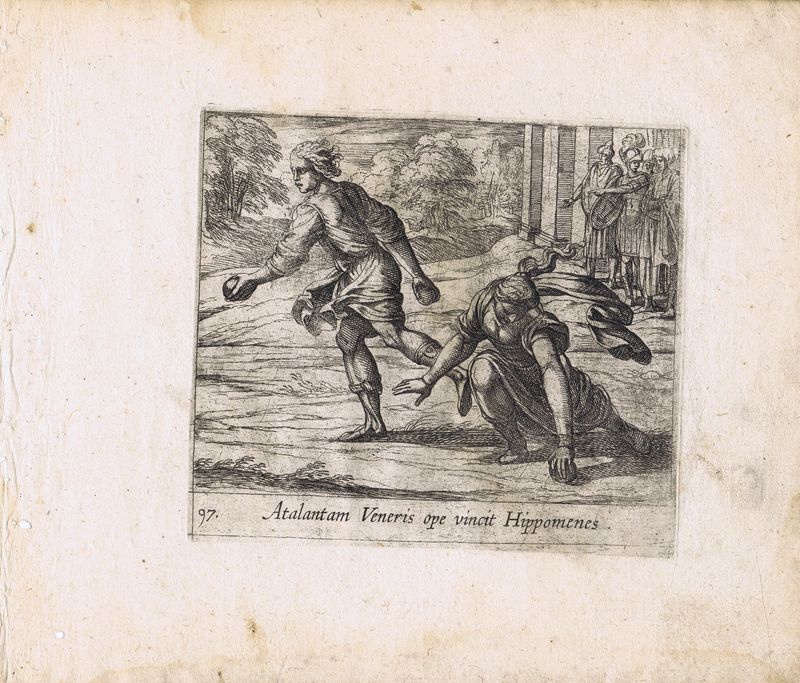 Гравюра Антонио Темпеста Метаморфозы. Гиппомен побеждает Аталанту в беге. Офорт. Нидерланды, Амстердам, 1606 год