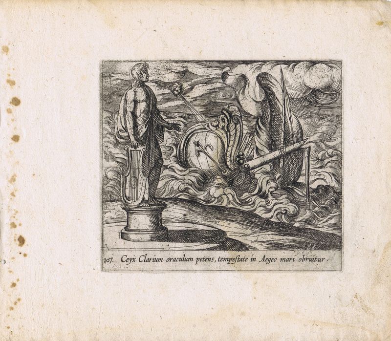 Гравюра Антонио Темпеста Метаморфозы. Кеик тонет в Эгейском море. Офорт. Нидерланды, Амстердам, 1606 год