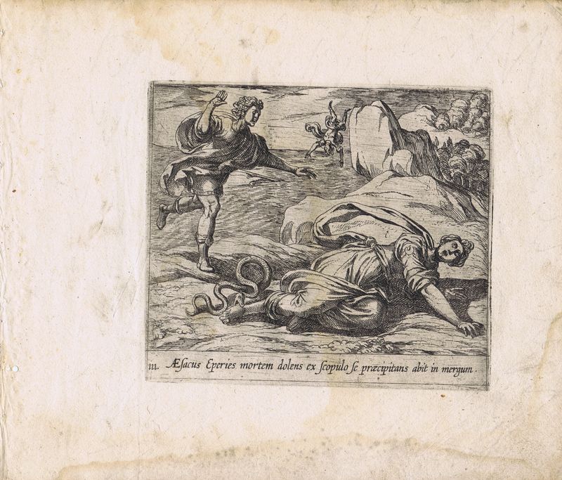 Гравюра Антонио Темпеста Метаморфозы. Нимфа Гесперия убегает от Эсака. Офорт. Нидерланды, Амстердам, 1606 год