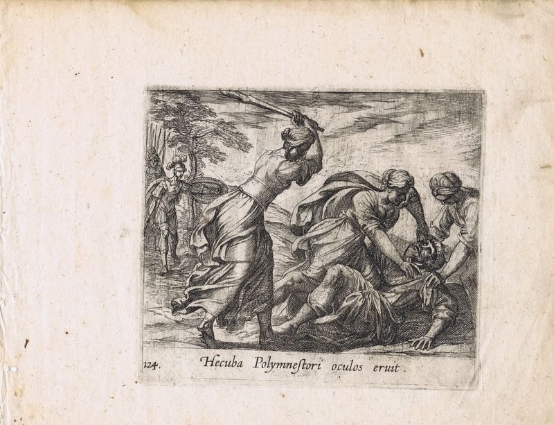 Гравюра Антонио Темпеста Метаморфозы. Гекуба бросается на Полимнестора. Офорт. Нидерланды, Амстердам, 1606 год