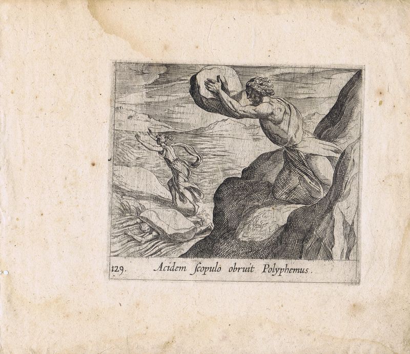 фото Гравюра Антонио Темпеста Метаморфозы. Акид, придавленный камнем Полифема. Офорт. Нидерланды, Амстердам, 1606 год