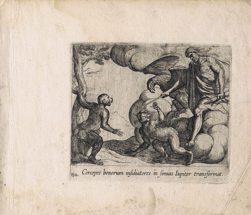Гравюра Антонио Темпеста Метаморфозы. Юпитер превращает керкопов в обезьян. Офорт. Нидерланды, Амстердам, 1606 год