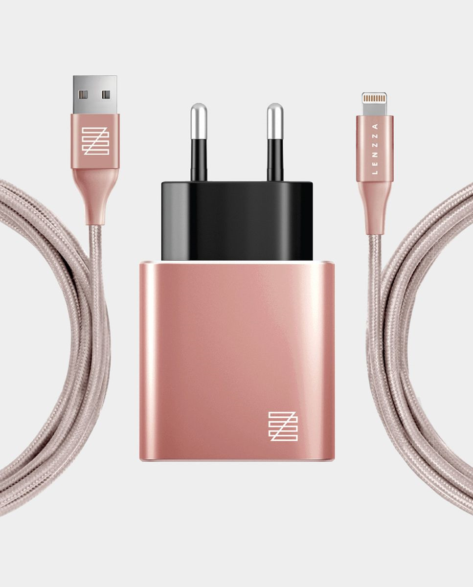 фото Сетевое зарядное устройство Lenzza Piazza Metallic Wall Charger LSPWCMFI 2,1 А + кабель Lightning кевларовый, розовое золото