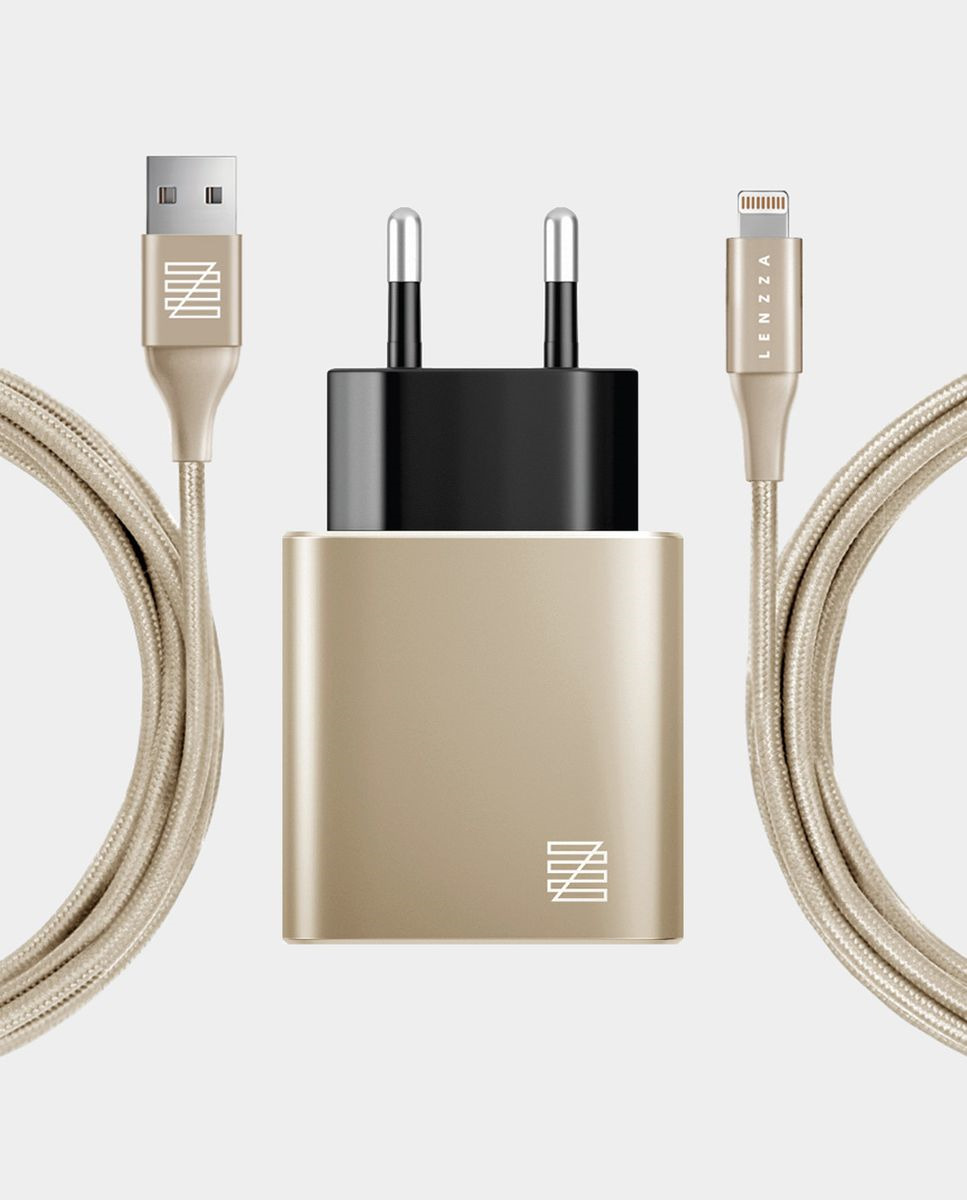 фото Сетевое зарядное устройство Lenzza Piazza Metallic Wall Charger LSPWCMFI 2,1 А + кабель Lightning кевларовый, золотой