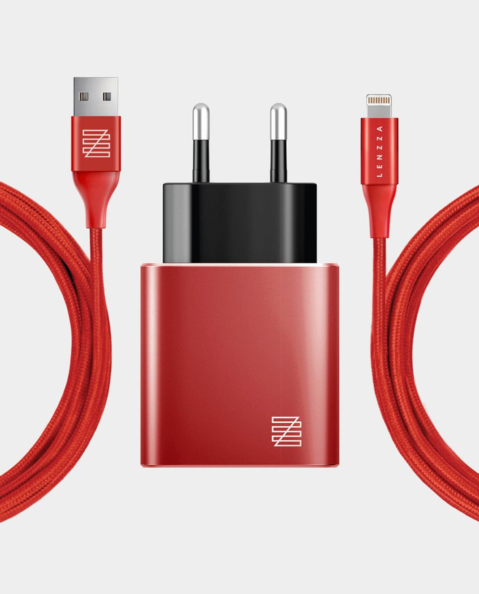 фото Сетевое зарядное устройство Lenzza Piazza Metallic Wall Charger LSPWCMFI 2,1 А + кабель Lightning кевларовый, красный