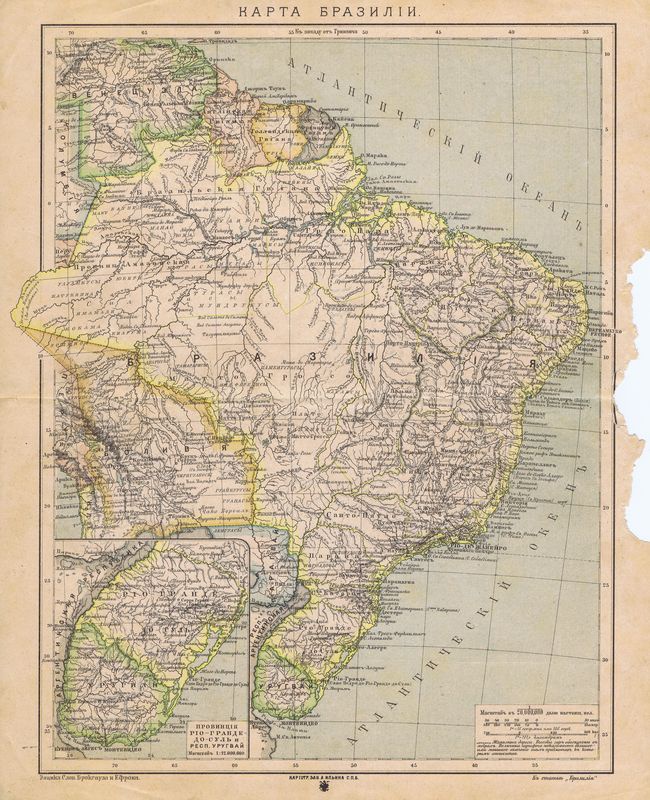 фото Географическая карта Брокгауз и Ефрон Карта Бразилии. Литография. Россия, Санкт-Петербург, 1890-е год