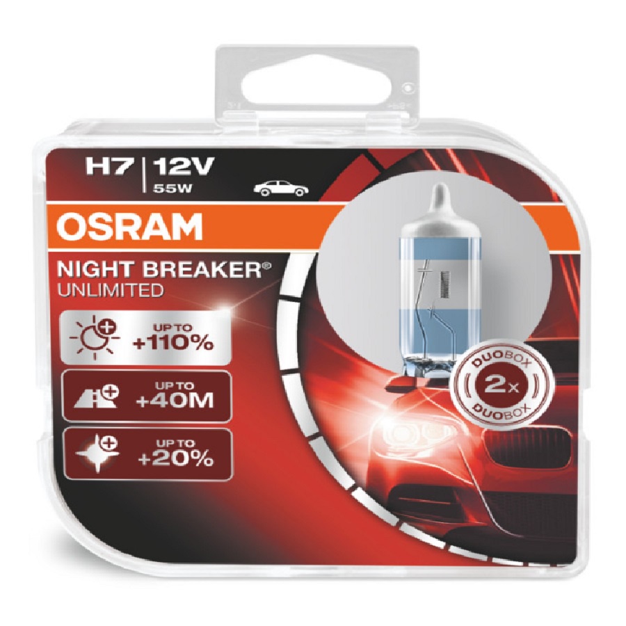 фото Галогенные лампы головного света OSRAM NIGHT BREAKER UNLIMITED, H7, на 110% больше света, 64210NBU-HCB