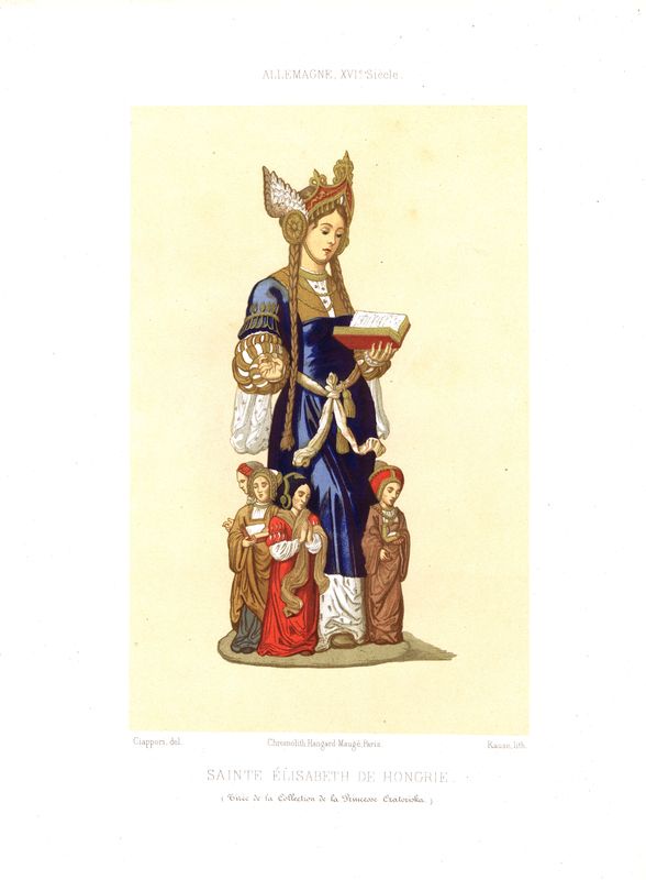 фото Гравюра Томас Краузе Святая Елизавета Венгерская, принцесса из венгерской династии Арпадов. Хромолитография. Франция, Париж, 1857-1858 год