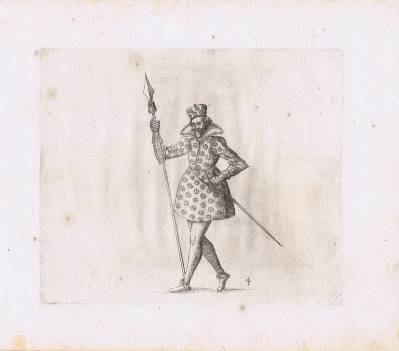 Гравюра Бальтазар Кюхлер Рыцарь с копьём. Офорт. Германия, Штутгарт, 1611 год