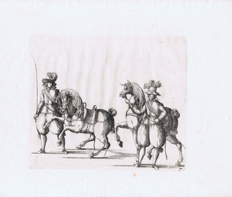 Гравюра Бальтазар Кюхлер Тренировка лошадей. Офорт. Германия, Штутгарт, 1611 год