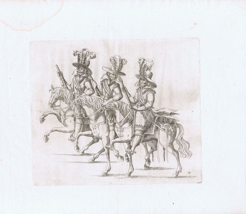 Гравюра Бальтазар Кюхлер Всадники в пышном одеянии на лошадях. Офорт. Германия, Штутгарт, 1611 год