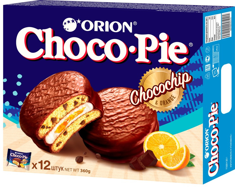 фото Пирожное Choco-Pie ChocoChip, c апельсиновым джемом и шоколадной крошкой, 360 г