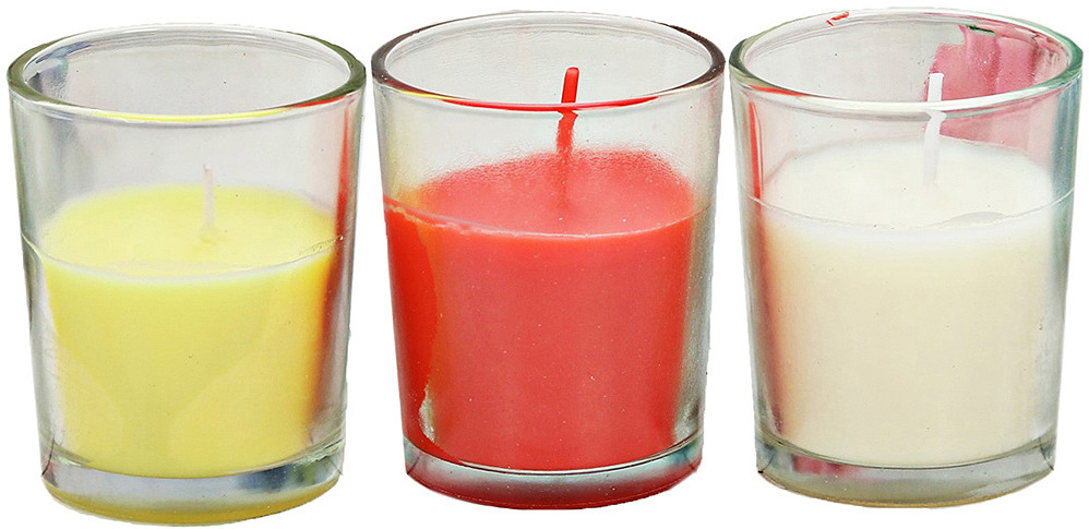 фото Набор свечей "Тропического настроения", в стакане, желтый, красный, белый, высота 5,3 см, 3 шт Иу жусима крафтс кампани лимитед