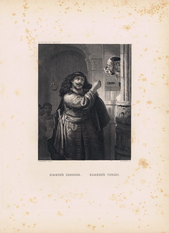 фото Гравюра Уильям Френч Самсон угрожает тестю. Офорт. США, Бостон, 1873 год