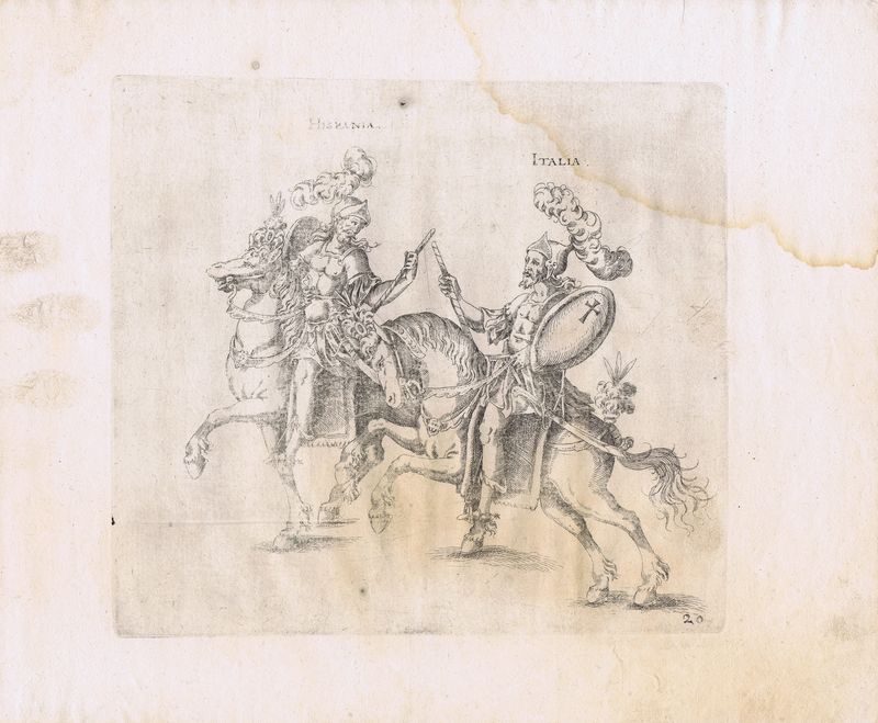 фото Гравюра Бальтазар Кюхлер Испанский рыцарь и итальянский рыцарь в полном обмундировании на лошадях в парадной сбруе. Офорт. Германия, Штутгарт, 1611 год