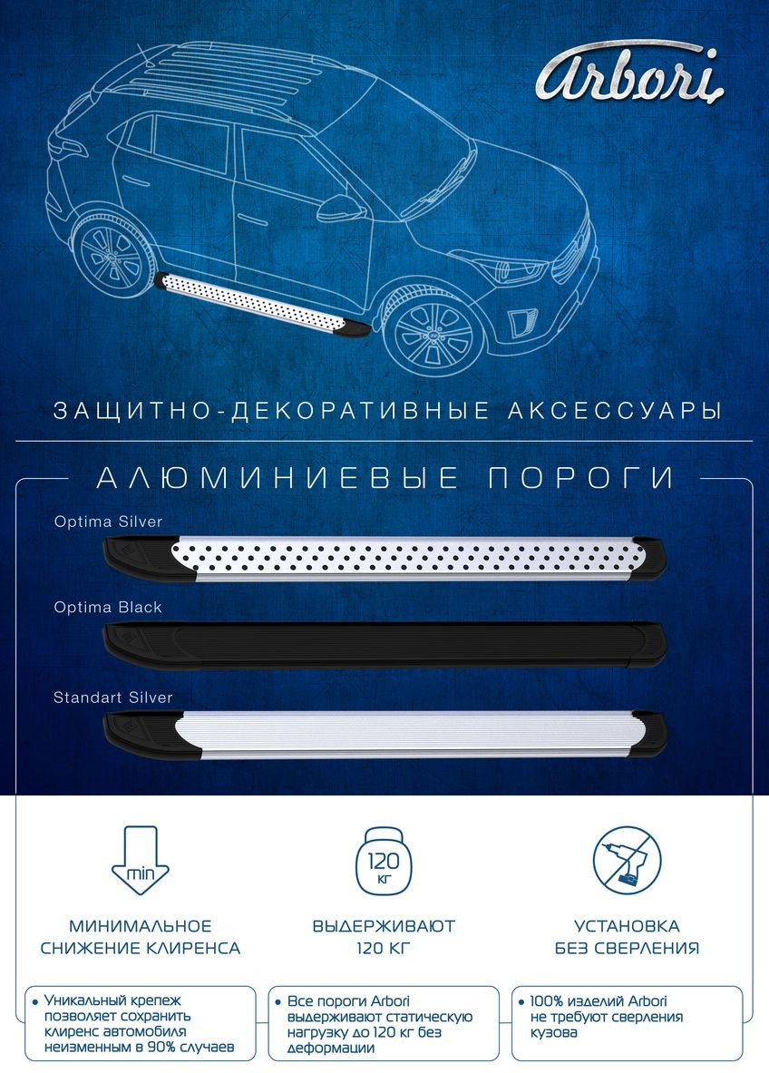 фото Комплект защиты штатных порогов Arbori Standart Silver, алюминиевый профиль, 1800, для Renault Duster 2015-