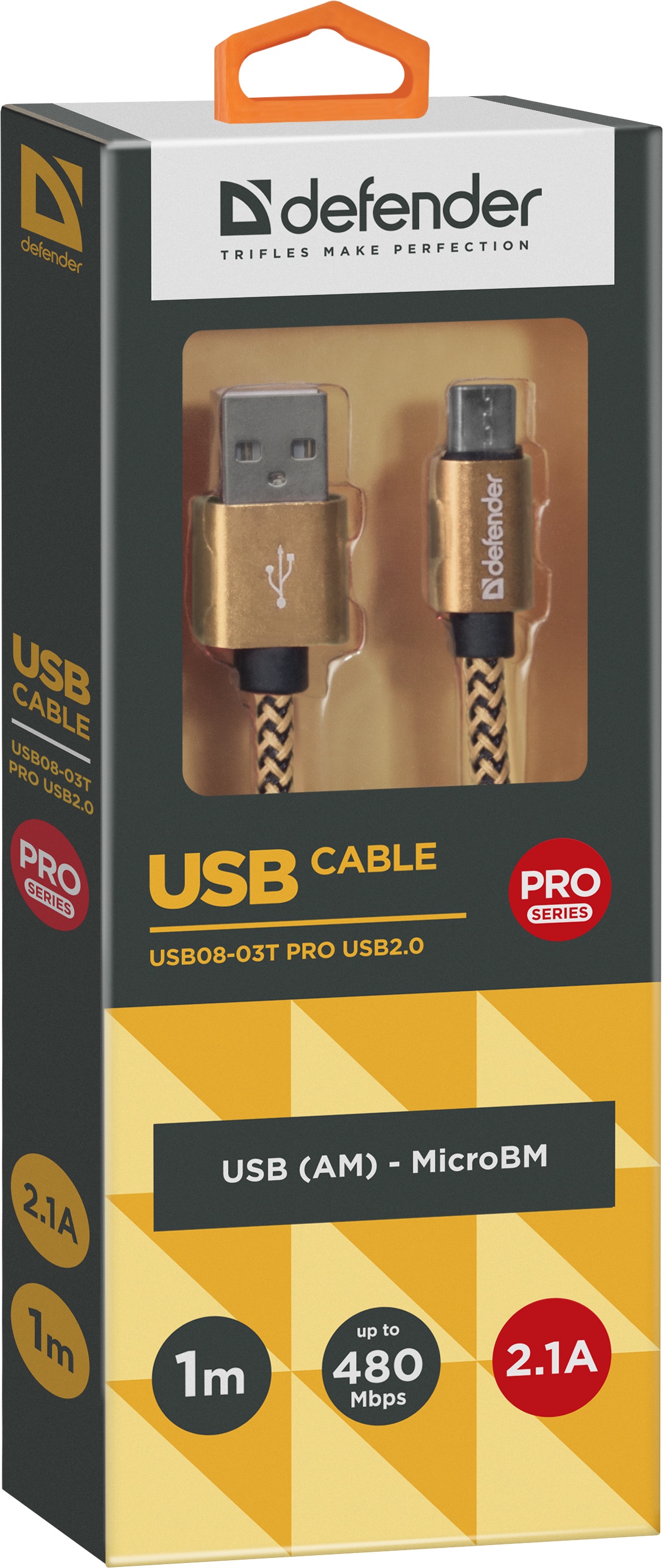 фото USB кабель DEFENDER USB08-03T PRO USB2.0 Золотой, AM-MicroBM, 1m, 2.1A