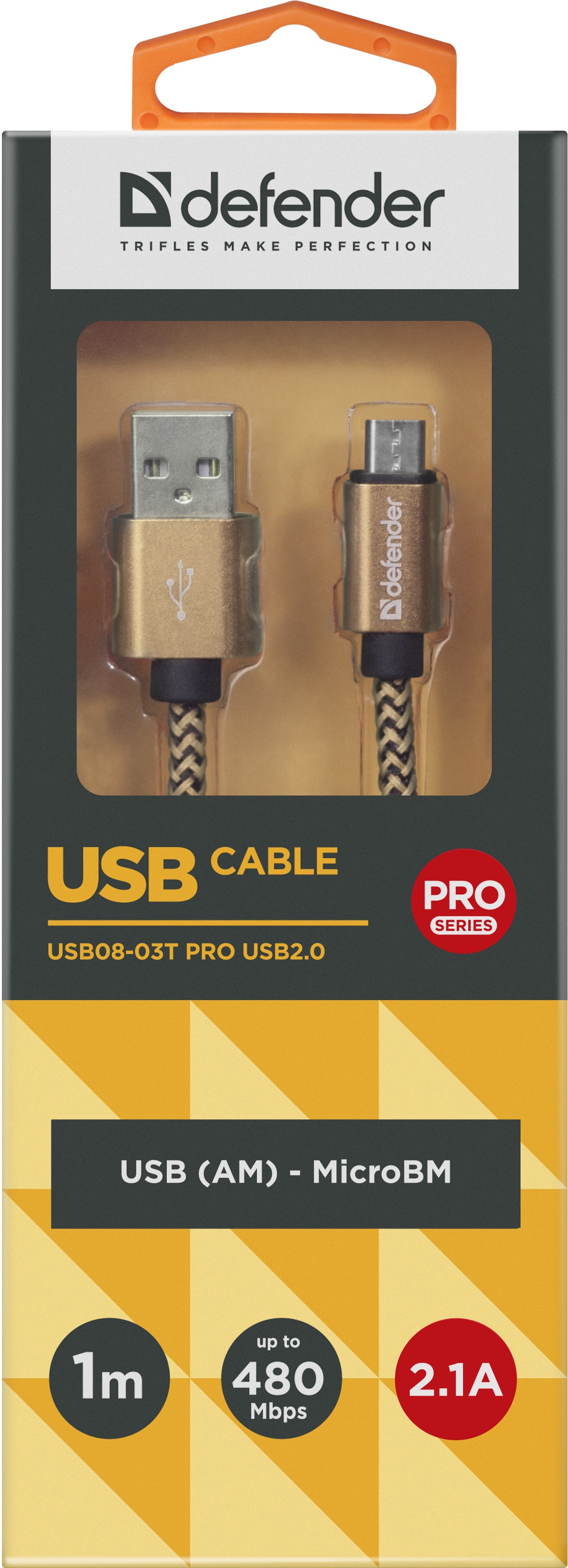 фото USB кабель DEFENDER USB08-03T PRO USB2.0 Золотой, AM-MicroBM, 1m, 2.1A