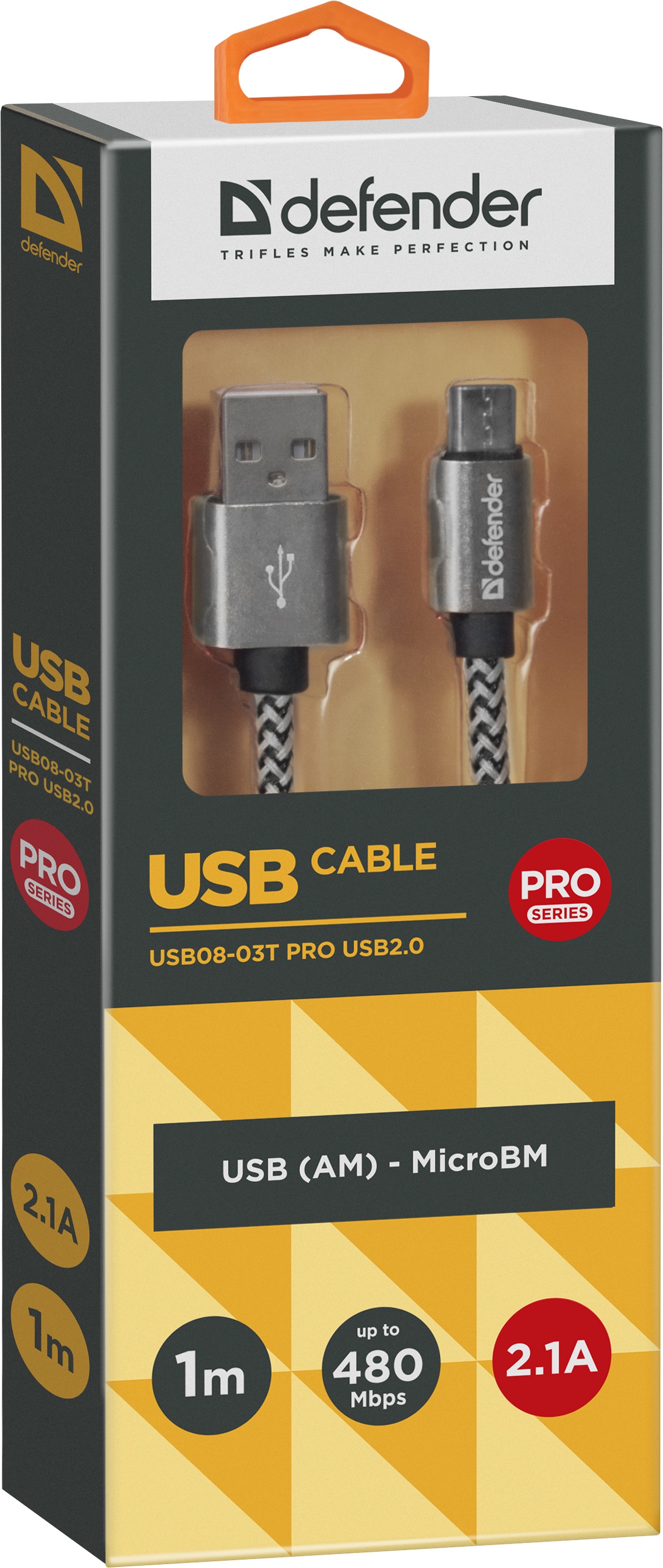 фото USB кабель Defender USB08-03T PRO USB2.0 Белый, AM-MicroBM, 1m, 2.1A