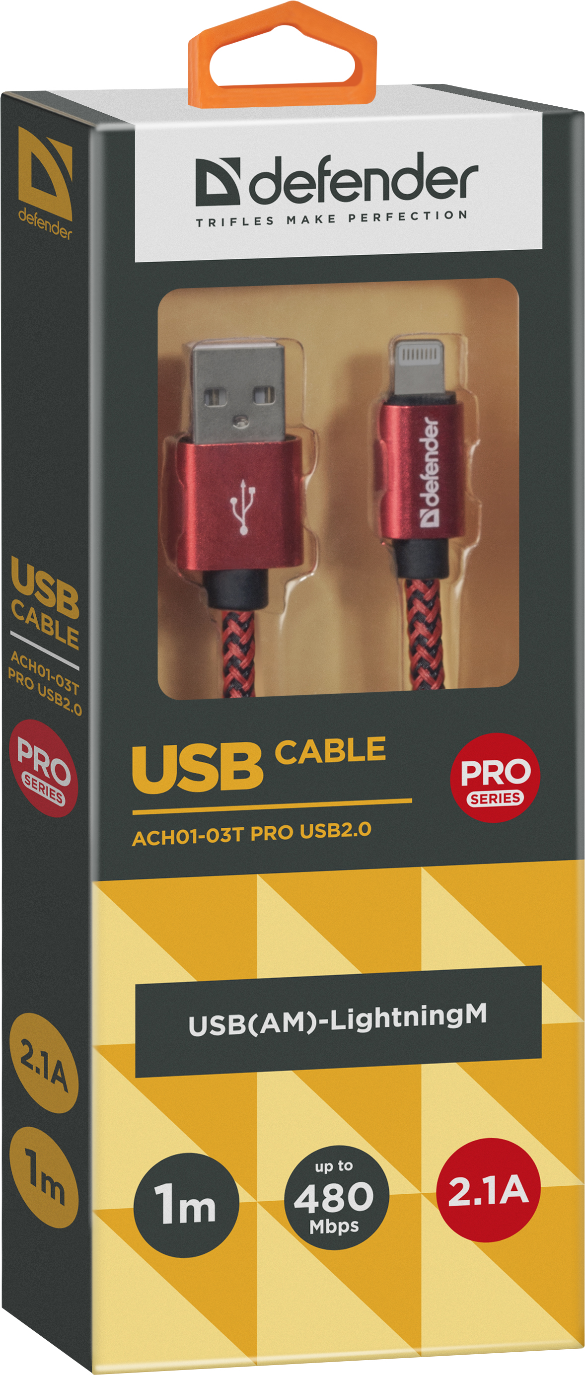 фото USB кабель Defender ACH01-03T PRO USB2.0 Красный, AM-LightningM,1m,2.1А