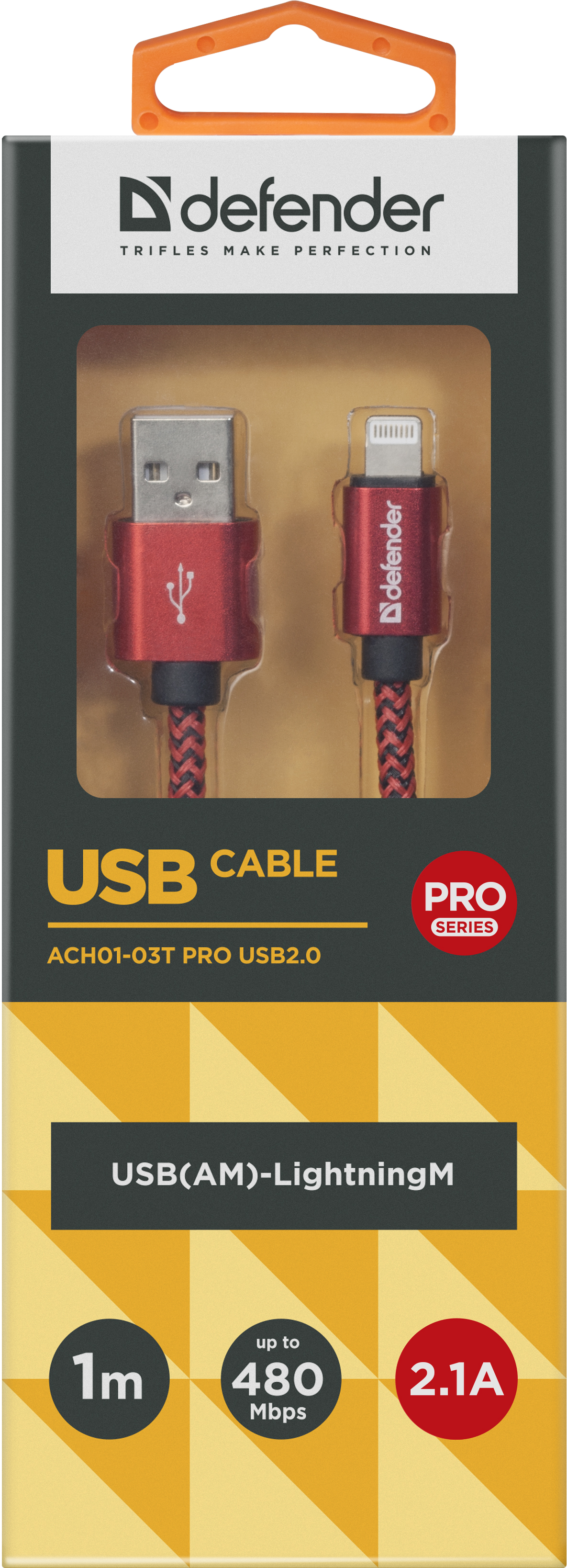 фото USB кабель Defender ACH01-03T PRO USB2.0 Красный, AM-LightningM,1m,2.1А