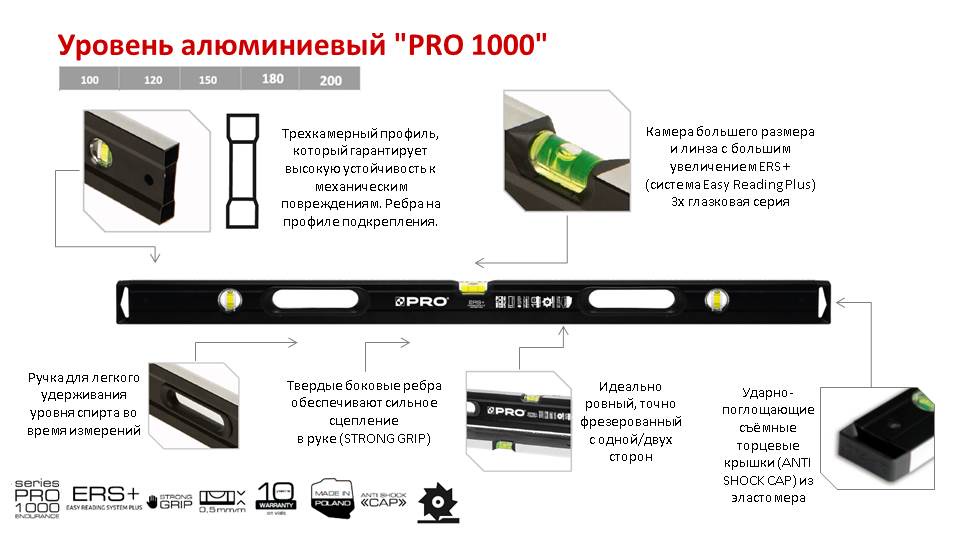 фото Уровень строительный PRO 1000, алюминиевый, фрезерованный с двух сторон с ручками, 100 см, черный