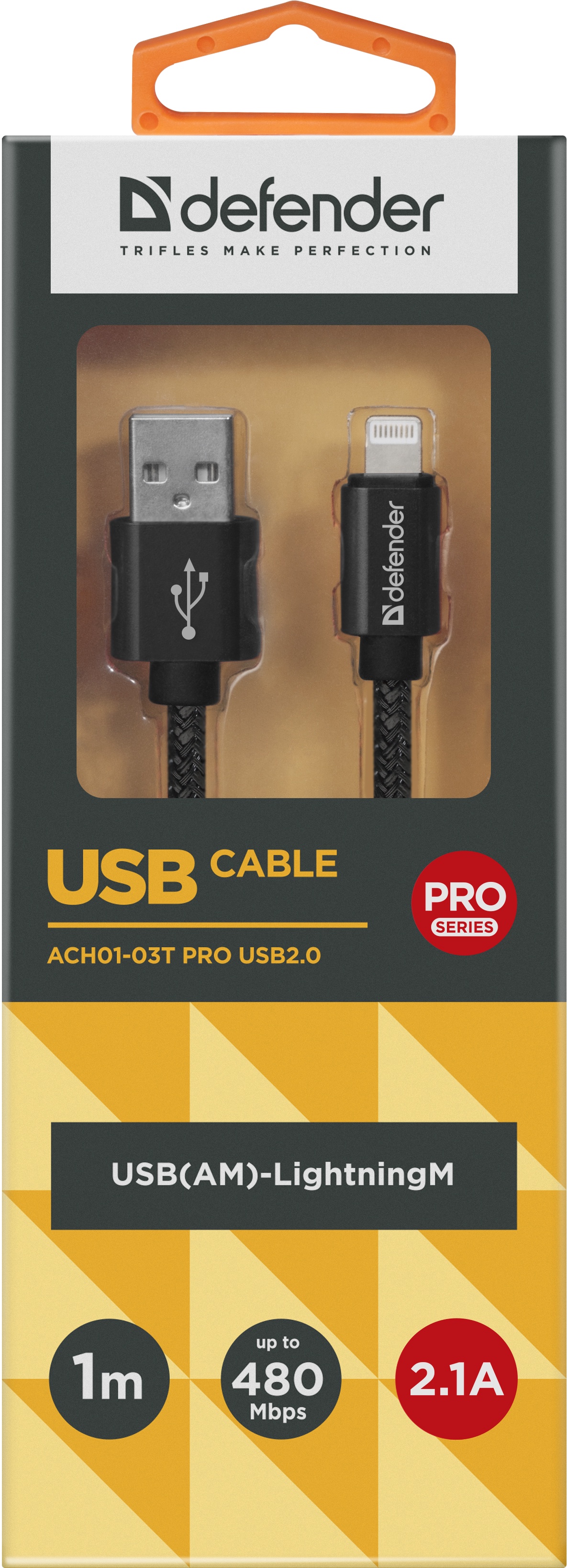 фото USB кабель Defender ACH01-03T PRO USB2.0 Черный, AM-LightningM, 1m,2.1A