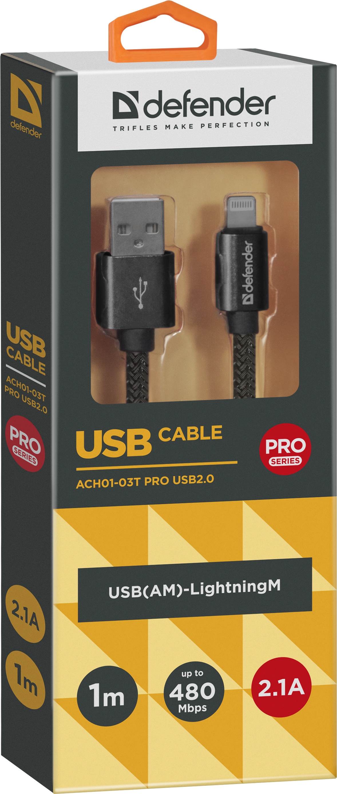 фото USB кабель Defender ACH01-03T PRO USB2.0 Черный, AM-LightningM, 1m,2.1A