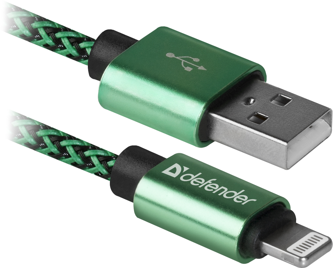 фото USB кабель Defender ACH01-03T PRO USB2.0 Зеленый, AM-LightningM,1m,2.1A