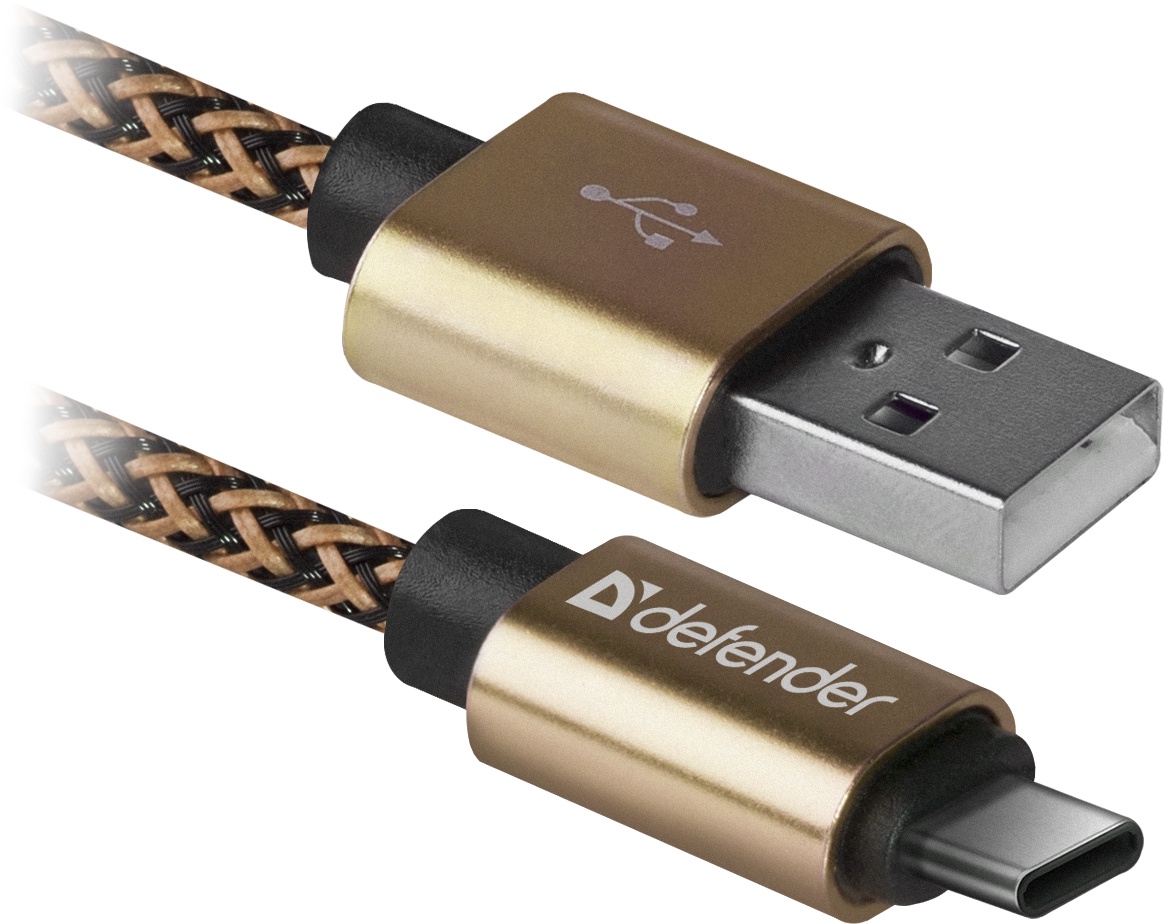 фото USB кабель Defender USB09-03T PRO USB2.0 Золотой, AM-Type-C, 1m, 2.1A