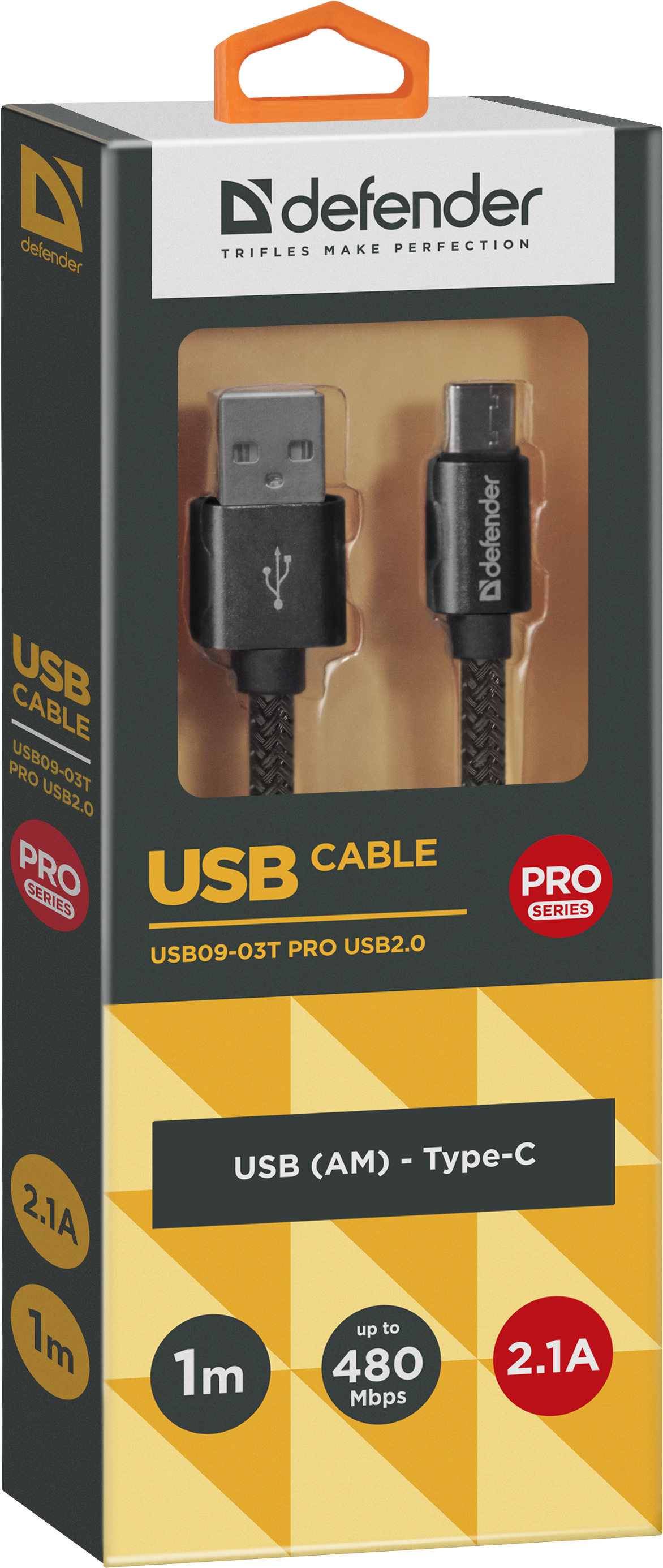 фото USB кабель Defender USB09-03T PRO USB2.0 Черный, AM-Type-C, 1m, 2.1A