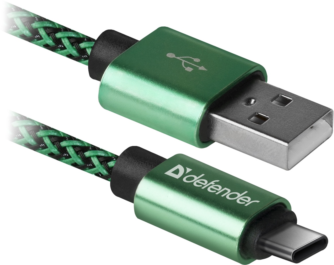 фото USB кабель Defender USB09-03T PRO USB2.0 Зеленый, AM-Type-C, 1m, 2.1A