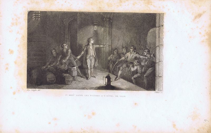 фото Гравюра Виктор Полле Великая французская революция. Моро де Сен-Мери защищает бочки с порохом в Отеле-де-Виль. Офорт. Франция, Париж, 1834 год