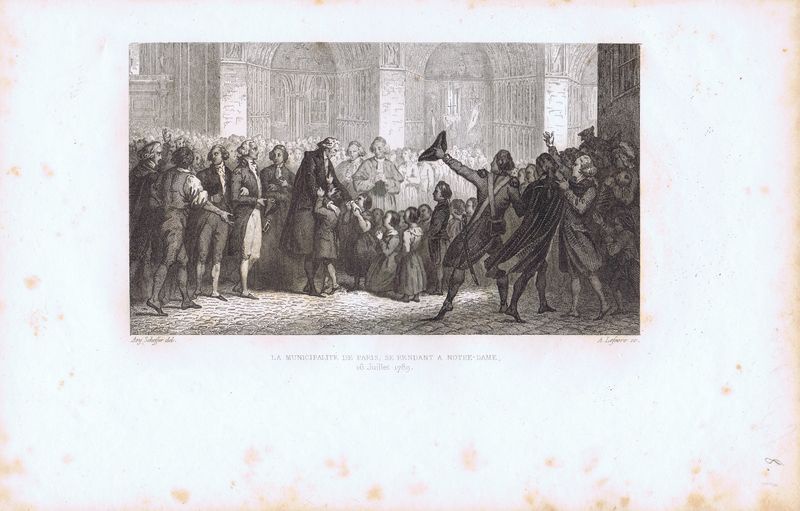 фото Гравюра Ашиль Лефевр Великая французская революция. Мэрия Парижа возвращается в Нотр-Дам 16 июля 1789 г. Офорт. Франция, Париж, 1834 год