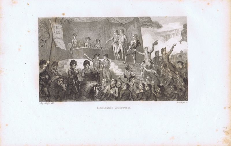 фото Гравюра Огюст Бланшар Великая французская революция. Вербовка добровольцев. Офорт. Франция, Париж, 1834 год