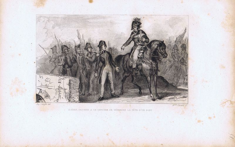 фото Гравюра Луиза Жирар Великая французская революция. Жан-Батист Клебер приказывает офицеру защищать мост. Офорт. Франция, Париж, 1834 год