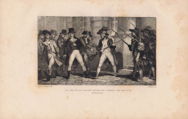 Гравюра Луи Салмон Великая французская революция. Депутаты пытаются войти во дворец Тюильри (18 брюмера). Офорт. Франция, Париж, 1834 год