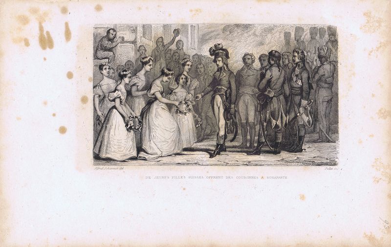 фото Гравюра Виктор Полле Великая французская революция. Швейцарские девушки предлагают венки Наполеону Бонапарту. Офорт. Франция, Париж, 1834 год