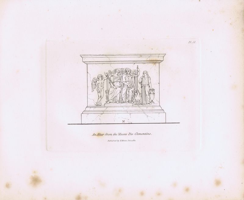 фото Гравюра Генри Мозес Древний (античный) алтарь из музея Пио-Клементино. Орнамент. Офорт. Англия, Лондон, 1838 год