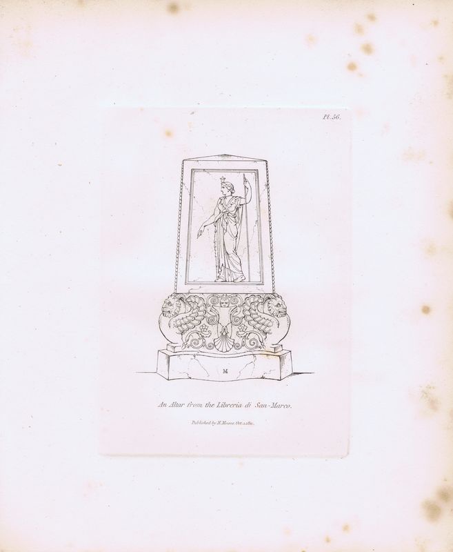 фото Гравюра Генри Мозес Древний (античный) алтарь из библиотеки Марчиана 2. Орнамент. Офорт. Англия, Лондон, 1838 год